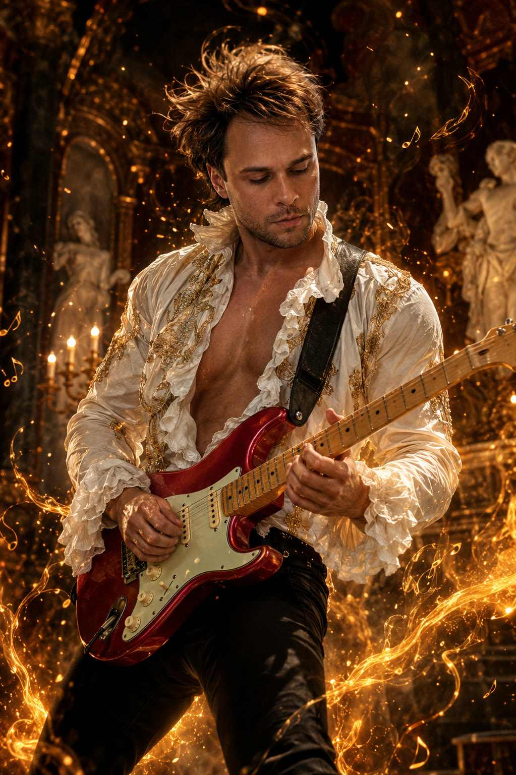 Nando Valle tocando sua Stratocaster vermelha em um salão barroco em chamas