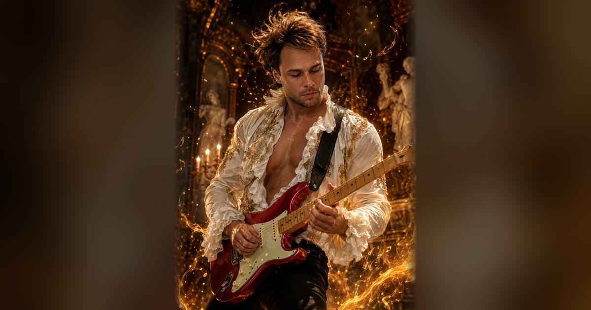 Nando Valle tocando guitarra em um salão barroco em chamas